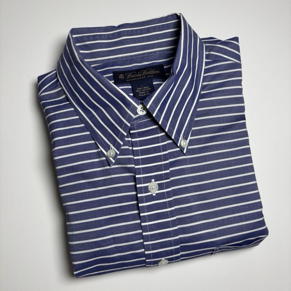 Brooks Brothers Navy Blue Stripped Non iron Men L Button Down Shirt Long Sleeve - Picture 2 of 7